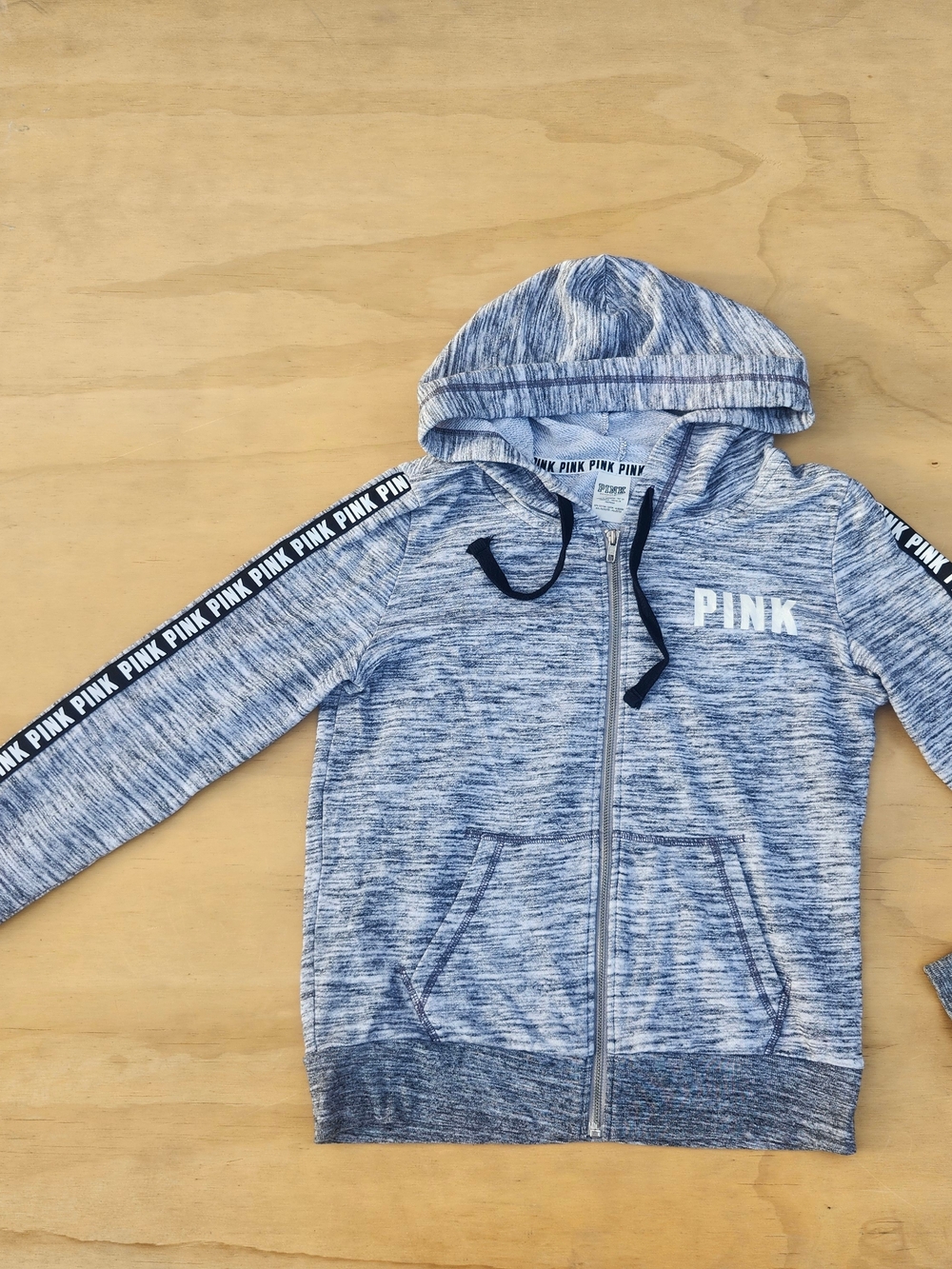 PINK Victoria's Secret Blue Heather Zip Hoodie with Logo Tape